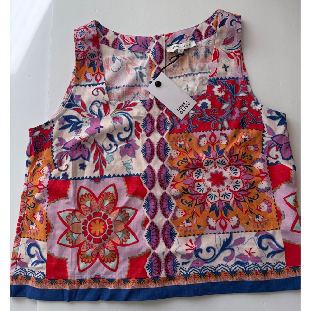 Rose + Olive Womens Patchwork Floral Button Back Sleeveless Top Blouse NWT Small